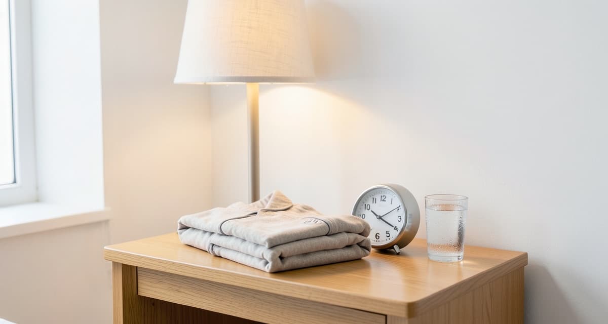 Mesa de cabeceira com copo de água, pijama dobrado e relógio sob a luz do abajur