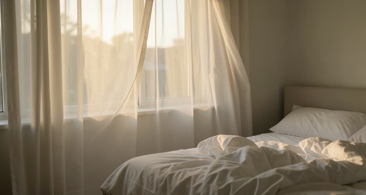 Janela do quarto ao amanhecer com cortina clara iluminada pela luz da manhã